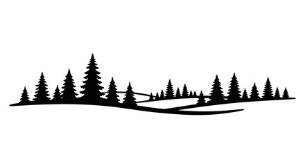 Coniferous forest landscape with rolling hills a black silhouette trees conifers pine evergreens woodland scenery © Sh Studio