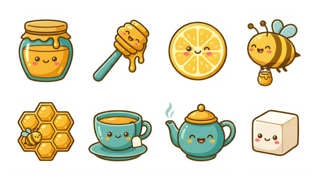 Cute kawaii tea time elements collection with honey and lemon on transparent background with lemon slice