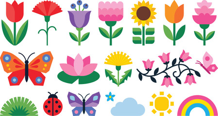 Flat geometric spring garden flower and insect element vector set with tulip sunflower butterfly rainbow and lotus blossom. © Shukimon
