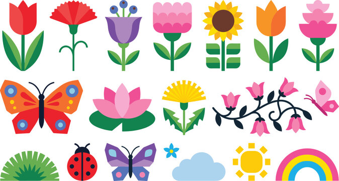 Flat geometric spring garden flower and insect element vector set with tulip sunflower butterfly rainbow and lotus blossom.
