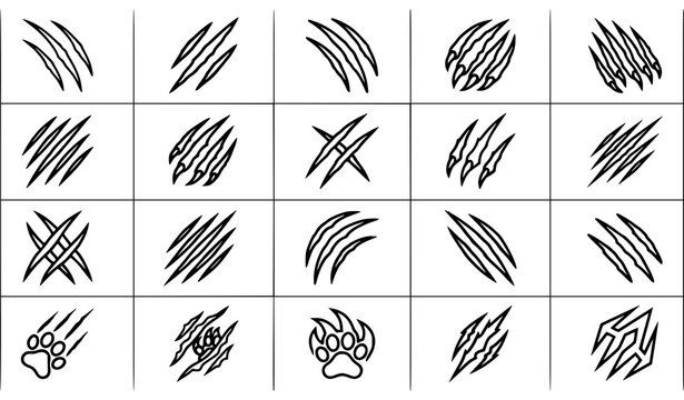 Animal Claw Scratch Mark Line Icon Set with Cat Tiger and Bear Paw Symbols