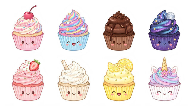 Set of eight cute cartoon cupcakes with kawaii faces on transparent background with faces each decorated