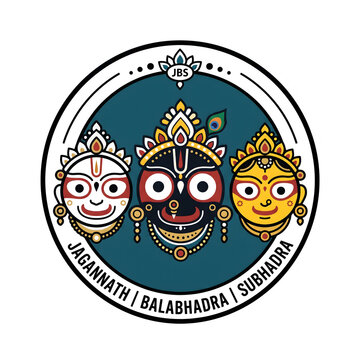Decorative circular emblem with deity trio jagannath balabhadra subhadra and floral crown icons.