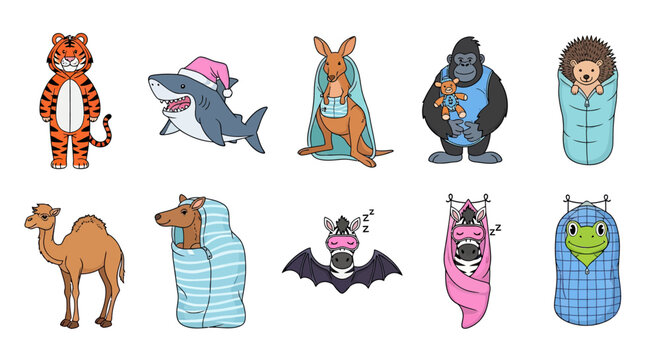 Cartoon wild animals in cozy sleeping bags set.