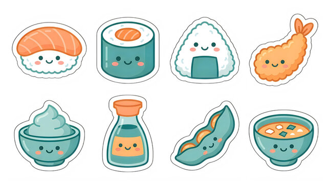 Cute kawaii japanese food sticker collection set on transparent background with stickers clean outlines
