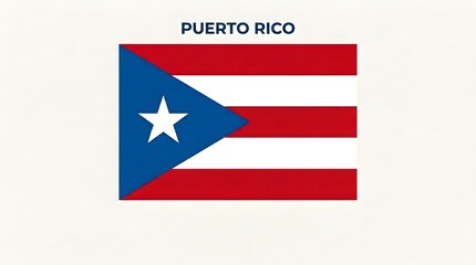 Obraz premium Puerto Rico flag displayed in a clean country-identification layout beneath a bold PUERTO RICO heading, with red and white stripes, a blue hoist triangle and white star centered on a bright white back