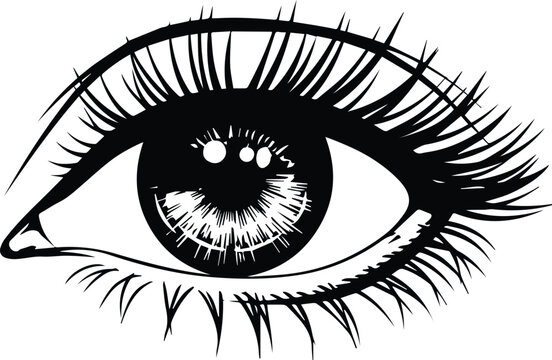 Monochrome close-up of human eye with long eyelashes black and white