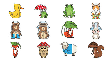 Fototapeta premium Cute animals in raincoats and umbrellas on rainy days.