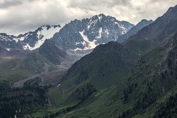 Fototapeta premium Landscape Kazachstan, mountain, peak, trees, blue, clubs, green, snow, 
