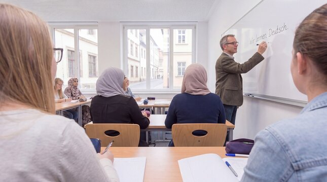 German language school for adults, with teacher explaining grammar rules to adult foreign pupils