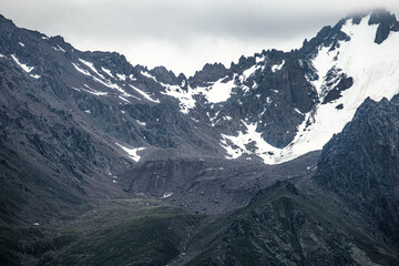 Fototapeta premium Landscape Kazachstan, mountain, peak, trees, blue, clubs, green, snow, 