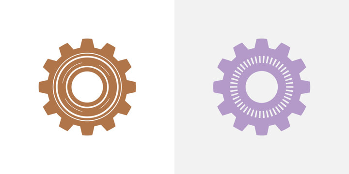 Two circular gear in brown and light purple colors, featuring mechanical cogwheel shapes for industrial, engineering, or technology concepts