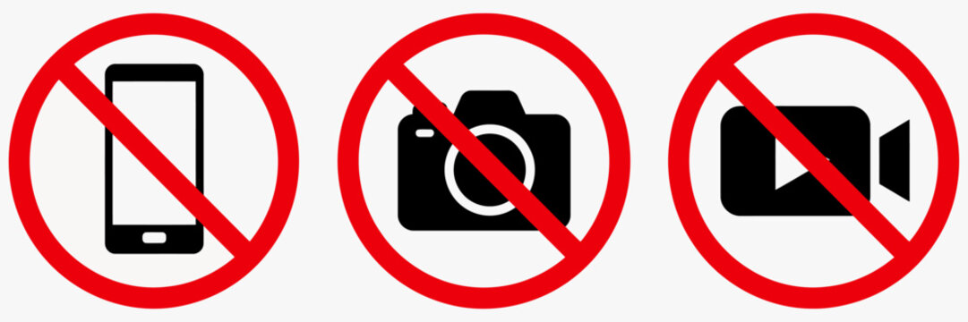 Three icons showing prohibited use of phones cameras and video recording devices