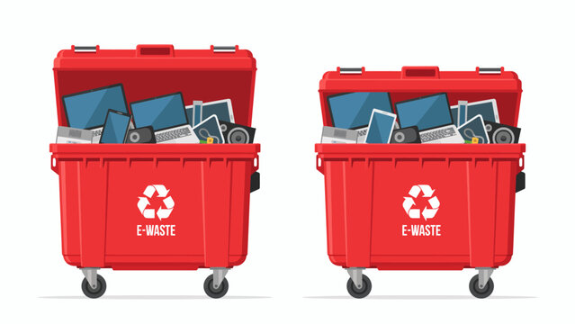 Two red recycling bins filled with electronic waste items