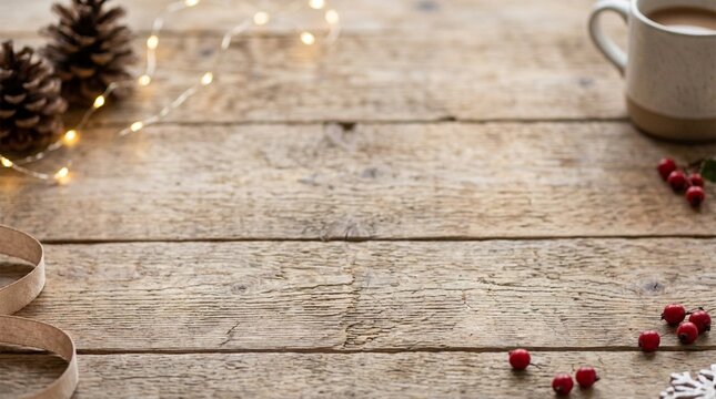 Cozy Christmas Wooden Table Background with Copyspace