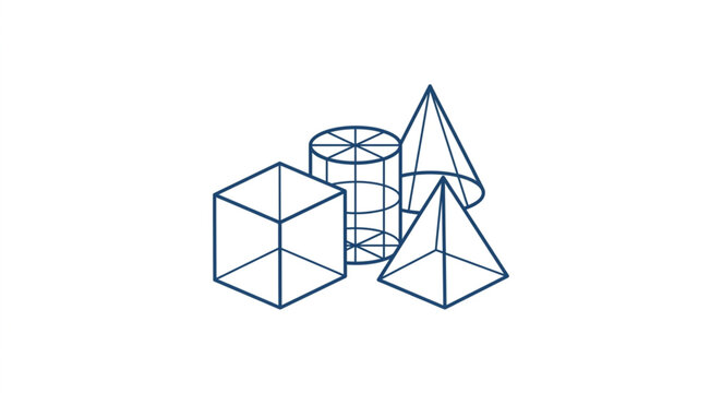 Geometric shapes line art illustration with cube cylinder cone pyramid.