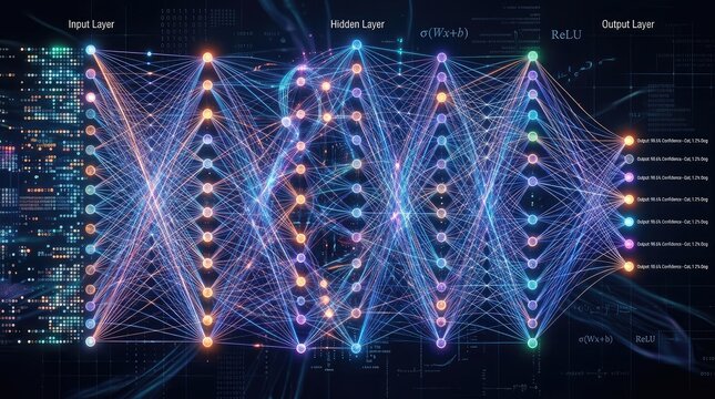 Complex artificial neural network visualization representing deep learning and data processing nodes with artificial intelligence learning algorithm technology abstract connection