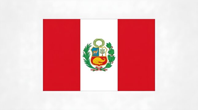  Peru national flag illustration on a clean white background, featuring red vertical outer fields and a detailed central coat of arms over the white middle panel in a formal, balanced country-banner c