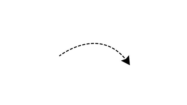 Black dotted curved arrow animation and pointing downward on a clean white background.High regulation animation.