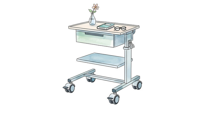 An illustration shows a medical cart with a vase on top.