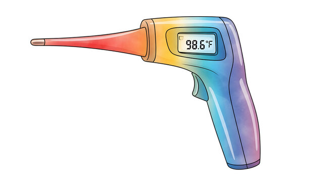 A digital infrared thermometer displays 98.6 degrees Fahrenheit.