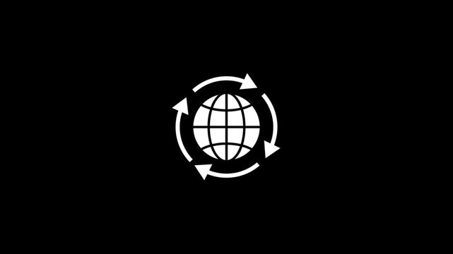 White globe icon with rotating orbital rings. Abstract world wide web, internet, and global network motion graphic on dark background.