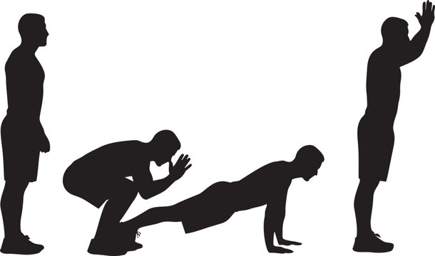 Silhouette of a person performing a push-up exercise with a standing figure in the background, Generative AI