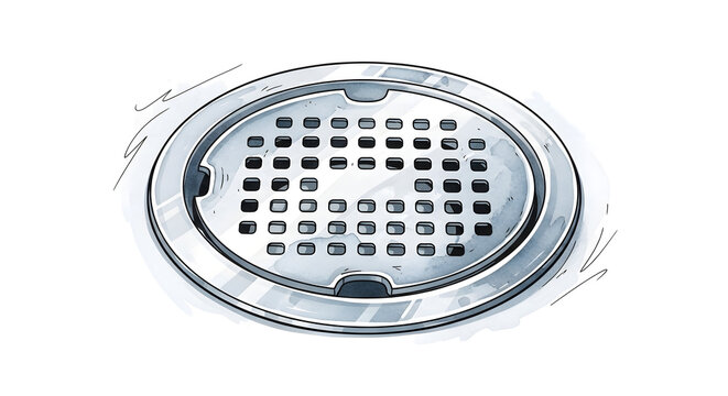 An illustration of a stainless steel floor drain cover with holes in a bathroom or kitchen setting.