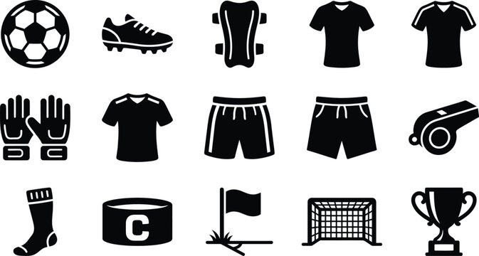 Black silhouette soccer equipment icons set including ball, shoes, shin guards, jerseys, shorts, socks, gloves, whistle, flag, goal net, trophy on white background