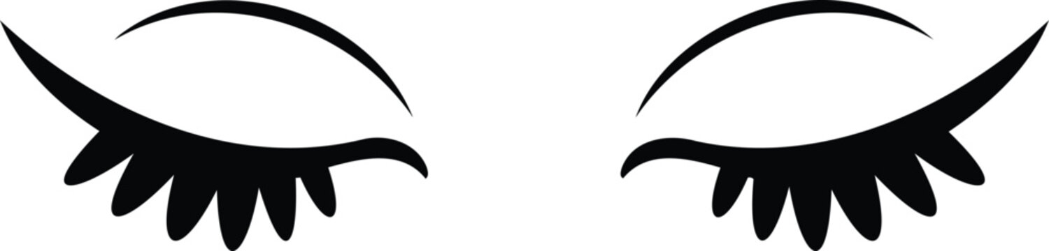 Closed eye lashes and eyebrows in black color isolated on transparent background