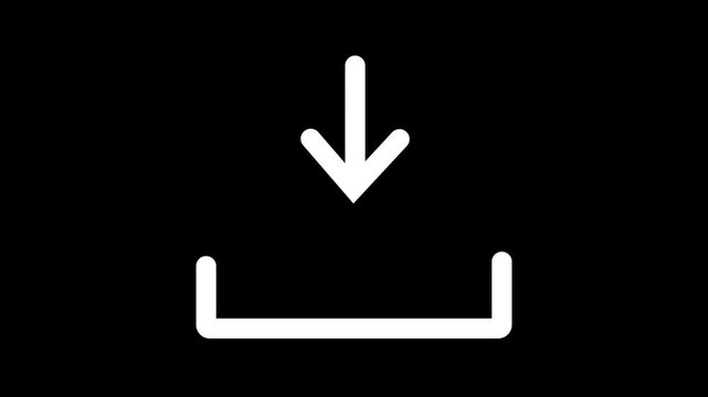 Clean white animated download button icon. Downward arrow landing into a bracket slot with black background.