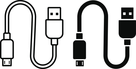 Obraz premium Usb cable outline and solid black icon set for digital connectivity with connector transfer electronic hardware technology interface graphics