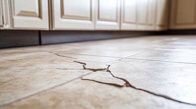 Close up of broken and cracked ceramic floor tiles in a residential building room. Need for renovation