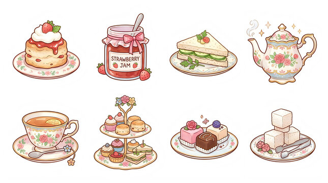 Collection of hand drawn afternoon tea treats and accessories on transparent background with delicious