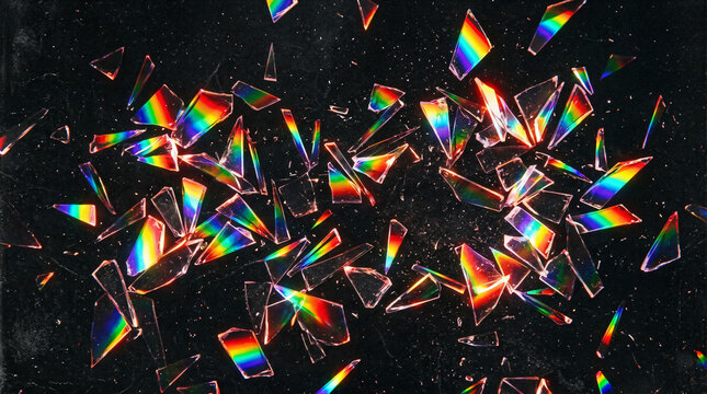 Abstract rainbow prism glass shards on black background, holographic crystal fragments, iridescent refraction texture