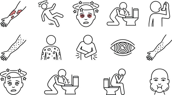 Medical symptom illness and allergy line vector icon set with rash dizziness vomiting asthma stomachache nausea