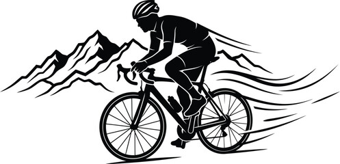Fototapeta premium Silhouette cyclist riding bicycle in motion against majestic mountain range on white background, monochrome illustration in silhouette style, sporty cyclist in action