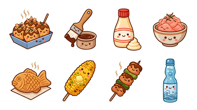 Set of cute cartoon japanese street food icons on a transparent background with icons with illustration