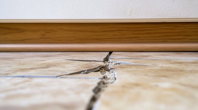 Close up of broken and cracked ceramic floor tiles in a residential building room. Need for renovation