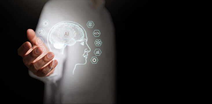 AI brain technology concept shown in human hand with digital interface. Artificial intelligence chip, neural network, machine learning, healthcare innovation, data analytics and intelligent systems.