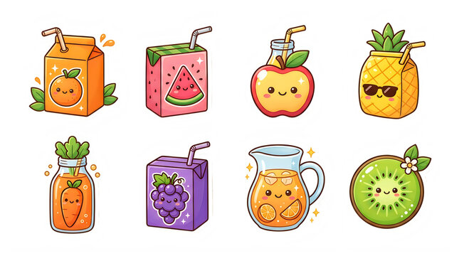 Cute kawaii fruit juice cartons and drink containers on transparent background with fruits smiling faces