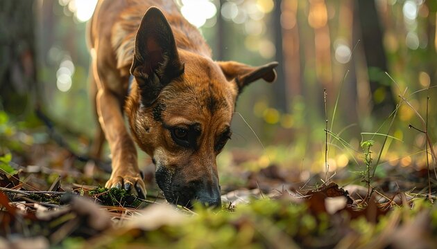 Brown dog sniffing the forest floor during golden hour in the woods
