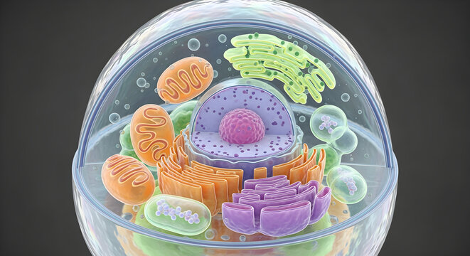 3D rendering of an animal cell with various organelles including nucleus mitochondria.
