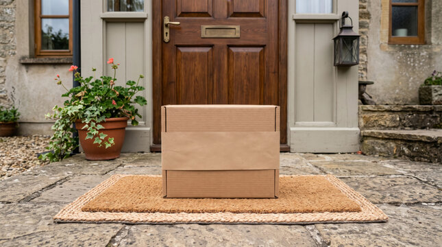 Cardboard shipping box with blank kraft paper band on doormat in front of house