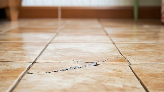 Close up of broken and cracked ceramic floor tiles in a residential building room. Need for renovation