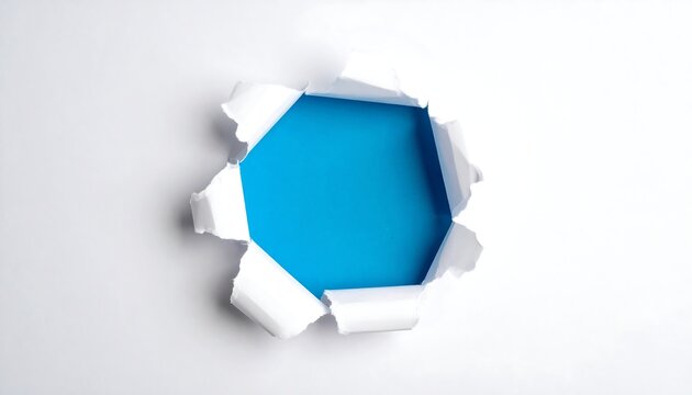 A torn hexagonal hole in white background reveals blue interior
