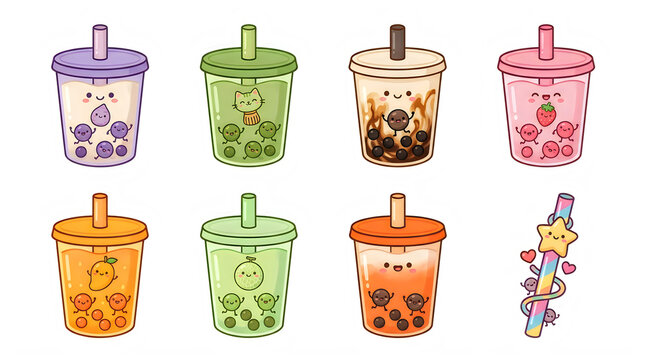 Cute kawaii bubble tea drinks collection with characters on transparent background with boba tea cups
