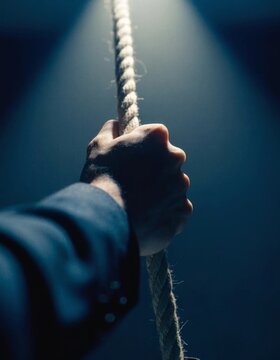 A determined individual in a business suit firmly gripping a rope representing resilience and the relentless pursuit of success in the face of challenges and adversity