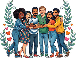 Fototapeta premium Group of Friends Hugging with Hearts and Leaves on a transparent background