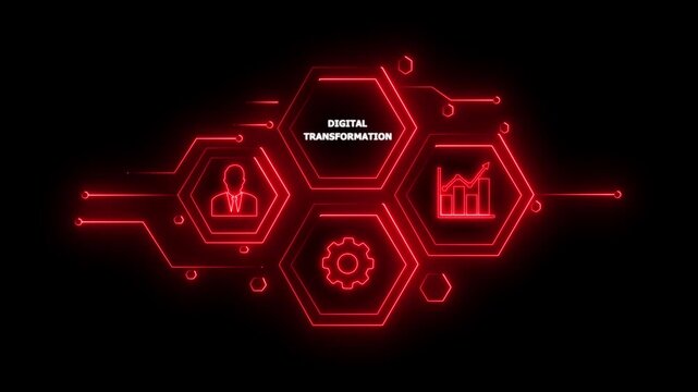 Abstract neon Hud knowledge ability business gear icon Glowing neon line concept. Glowing " DIGITAL TRANSFORMATION " button in German on a futuristic, abstract wave technology on black background. 4K